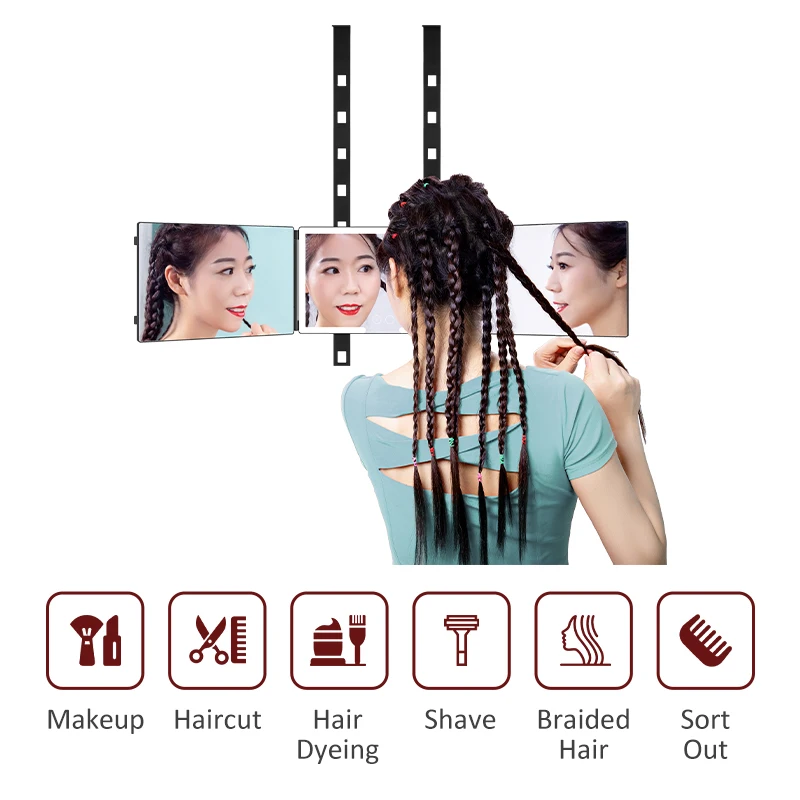 LED 셀프 헤어컷 메이크업 거울, 탈부착 가능한 철제 걸이가 있는 삼면 거울, HD 3면 메이크업 거울, 어디서나 높이 조절 가능