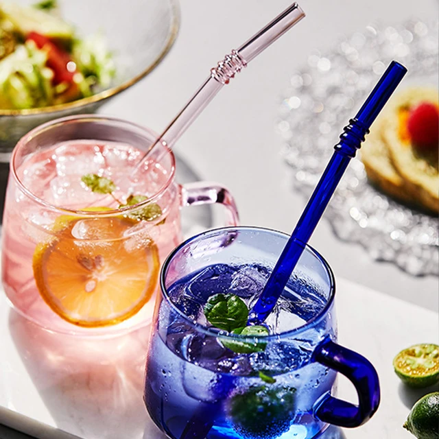 Glass Straws, 6 Sticks, Colourful Glass Straw With Cleaning Brush, 0.8 X 20  Cm, Environmentally Friendly, Bent, Reusable Glass Straws For Cocktails, S