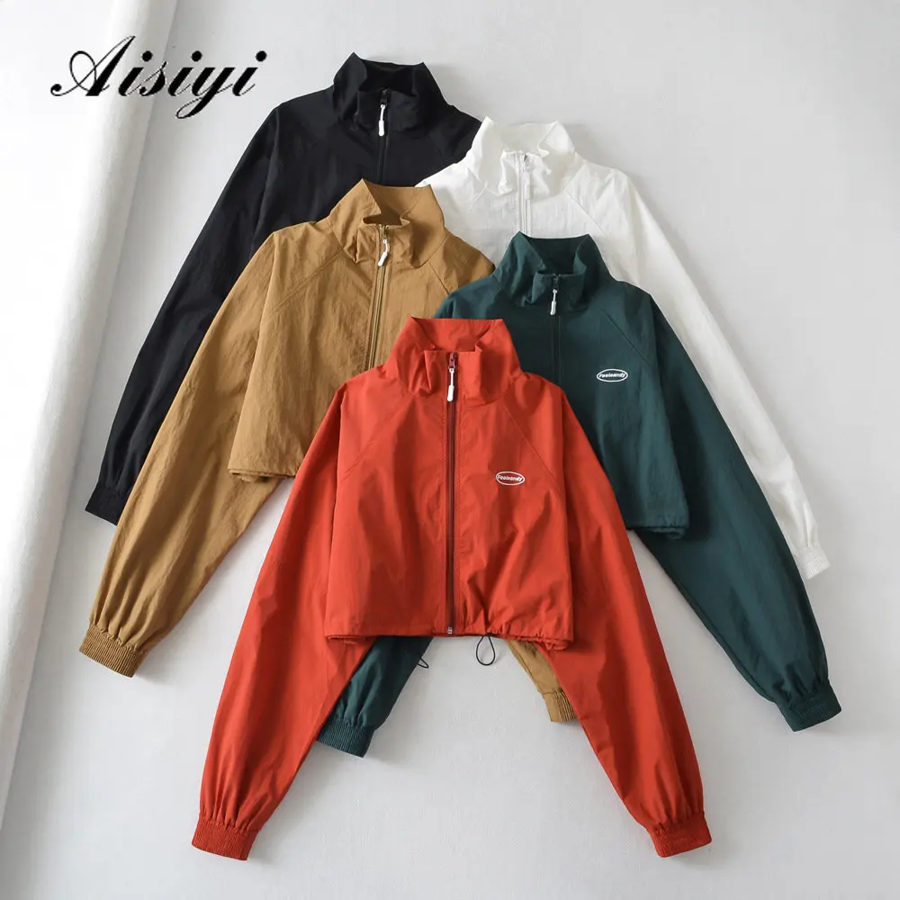 

Новая стильная куртка повседневное Свободное пальто с длинными рукавами и воротником-стойкой для девочек Рубашка ярких цветов весеннее Укороченное пальто на молнии