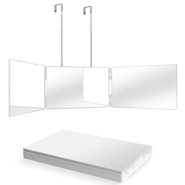 กระจกเครื่องสําอางโต๊ะเครื่องแป้ง Trifold แบบพกพาพร้อมตะขอปรับความสูงได้สําหรับการตัดผมด้วยตนเองแต่งหน้าพับสําหรับการอาบน้ําและการเดินทาง 1