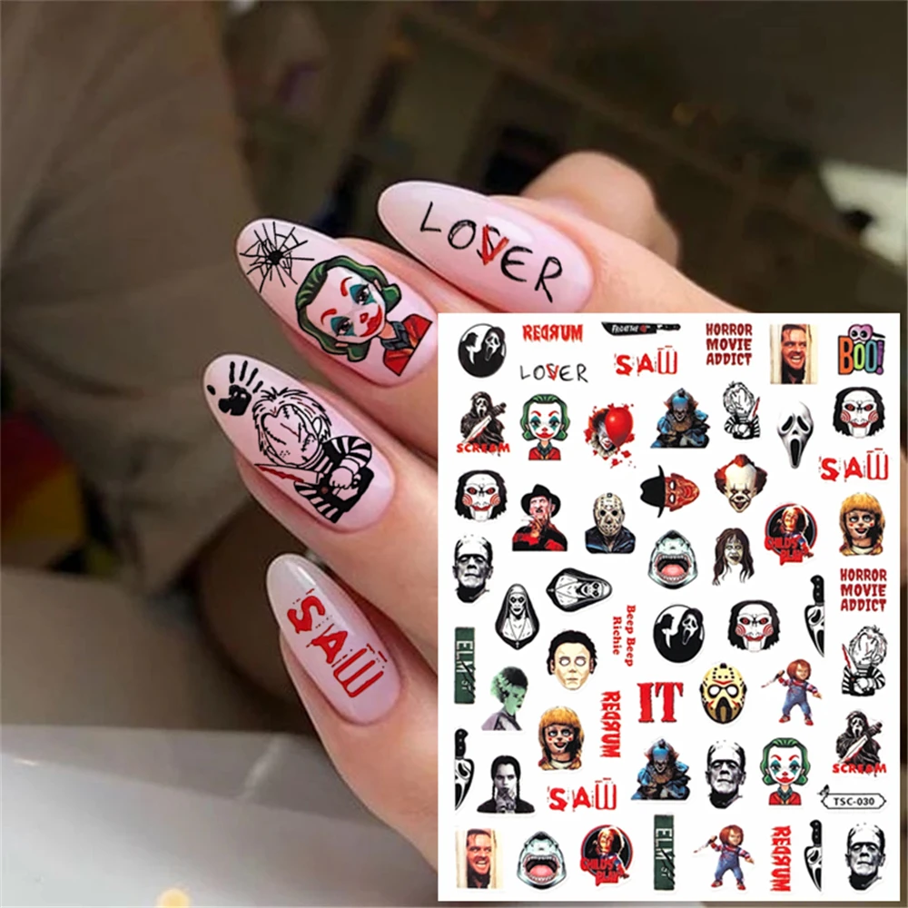 Tsc-030 Tsc-122 F-888 Clown Joker Skeleton Skull Terror 3D Back Glue Nail Sticker Decorazione Per Unghie Nail Art Nail Ornament