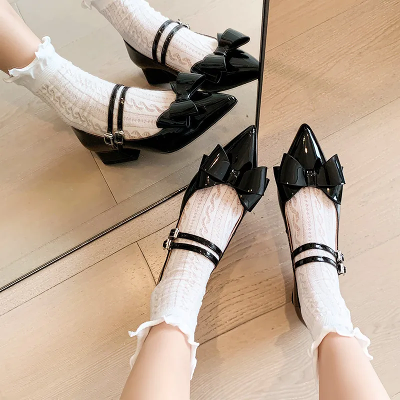 

MKKHOU Fashion Pumps New High Quality True Leather Sweet Bow Mary Jane Shoes Pointed Low Heel Leather Shoes Banquet Dress Shoes