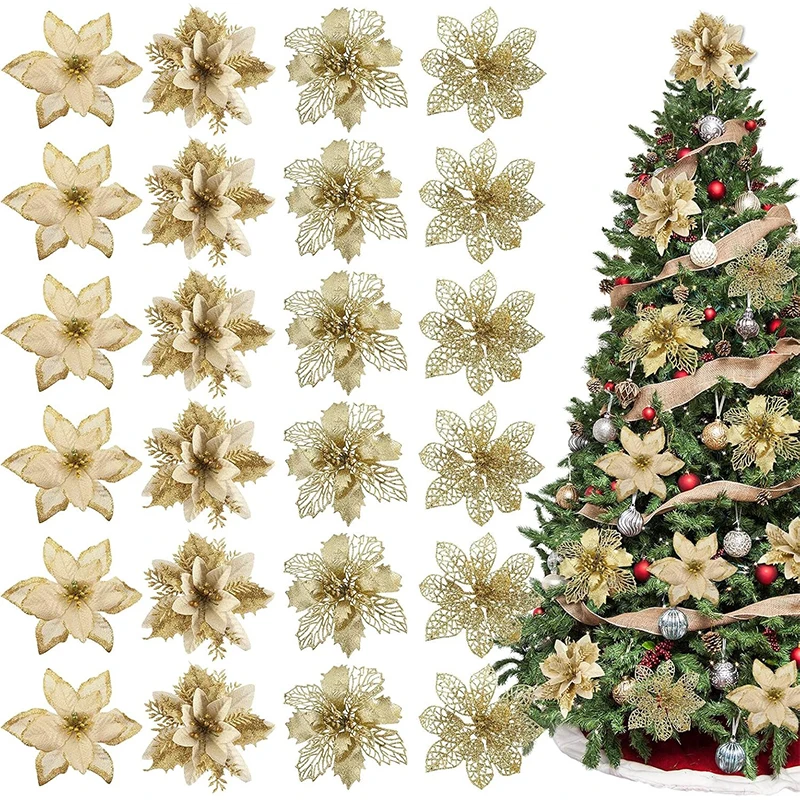 8/16 Stück glitzernde Weihnachtsdekorationen, künstliche Blumen, Weihnachtsbaum für Heimdekoration, gefälschte Blumen, Weihnachten, Neujahr, Geschenke, Ornamente