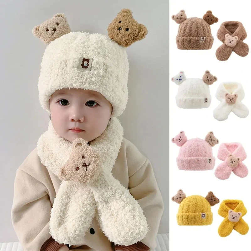 

Winter Baby Cartoon Cap Cartoon Bear Ear Protection Knitted Hat Scarf for Toddler Boys Girls Cute Warm Kids Crochet Warm Hats