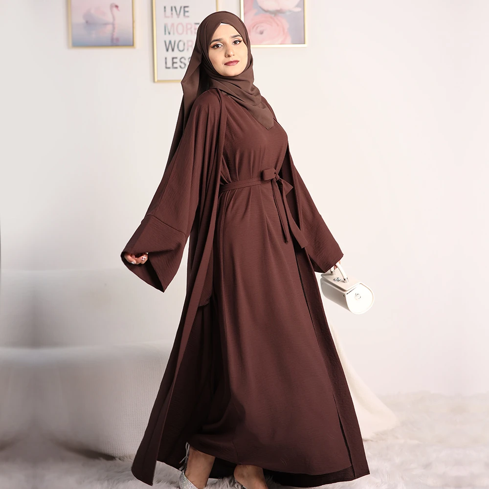 

Muslim Woman Set Crepe Elegant 2 Piece Outfit Sleeveless Dress+Kimono Abaya Dubai Turkish Gown Casual Islam Ramadan (No Scarf)