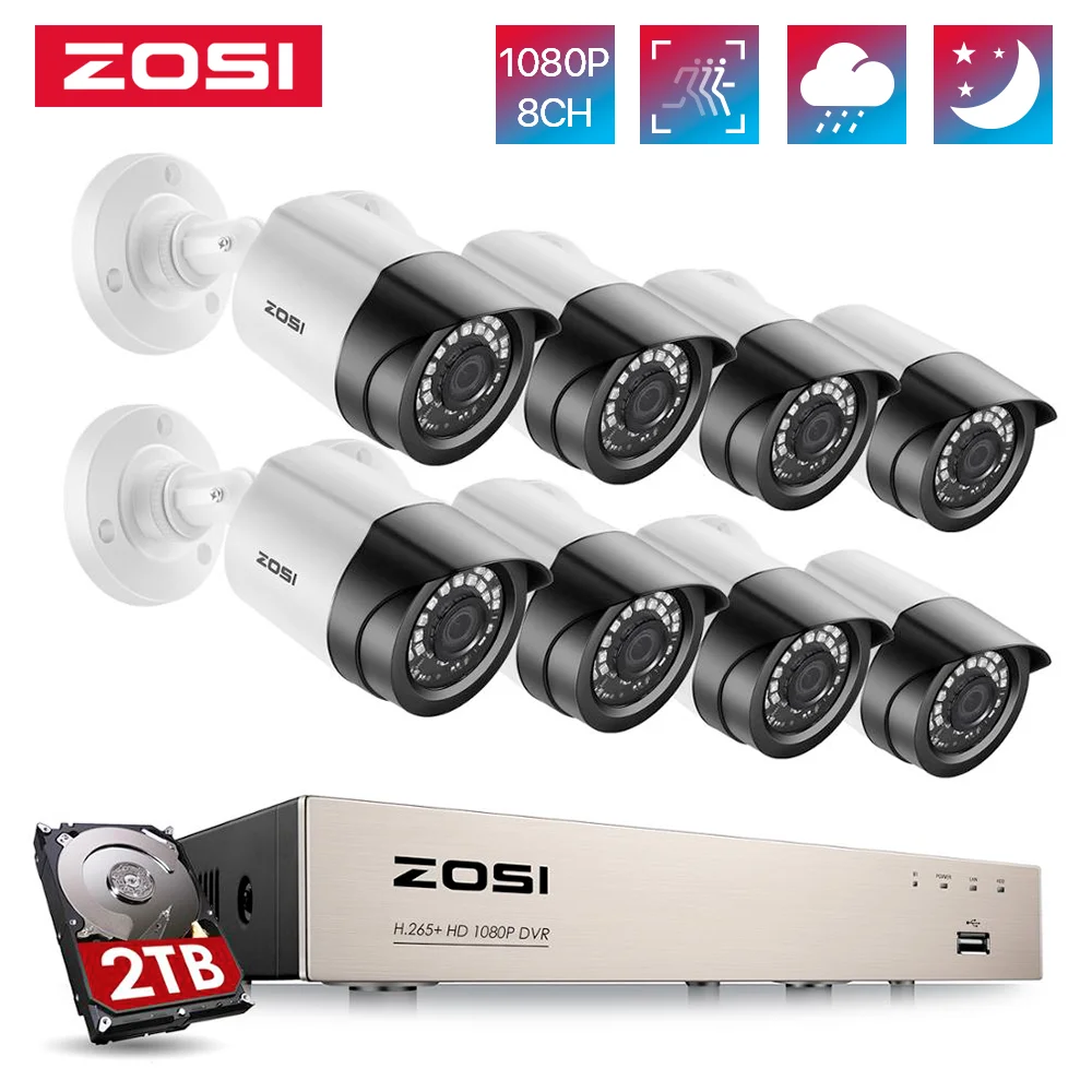 Zosi Cctv System 8ch 1080p Dvr With 2.0mp Ir Weatherproof Outdoor Video