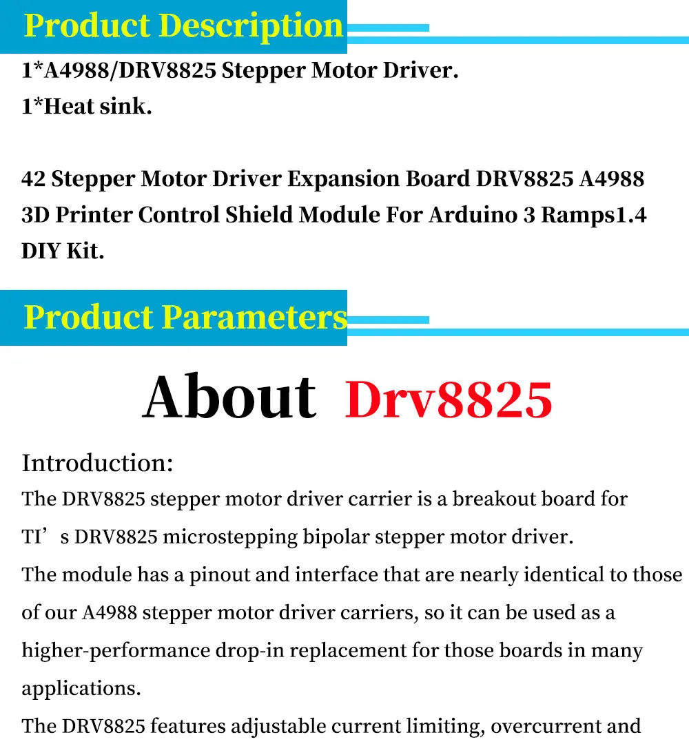 Description Picture 2 of item3D Printer Parts A4988 DRV8825 Stepper Motor Driver With Heat sink For SKR V1.3 1.4 GTR V1.0 RAMPS 1.4 1.6 MKS GEN V1.4 board