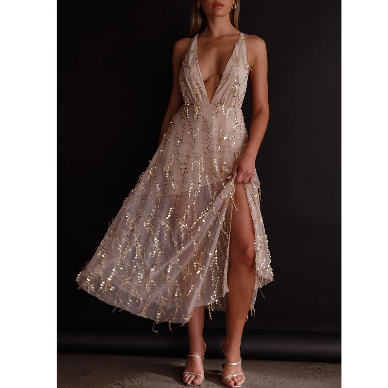 

Zoctuo 2023 Elegant Fringe Party Dresses For Women Luxury Sequin Sexy Deep V-Neck Mesh Robe Sparkly Backless Long Evening Dress