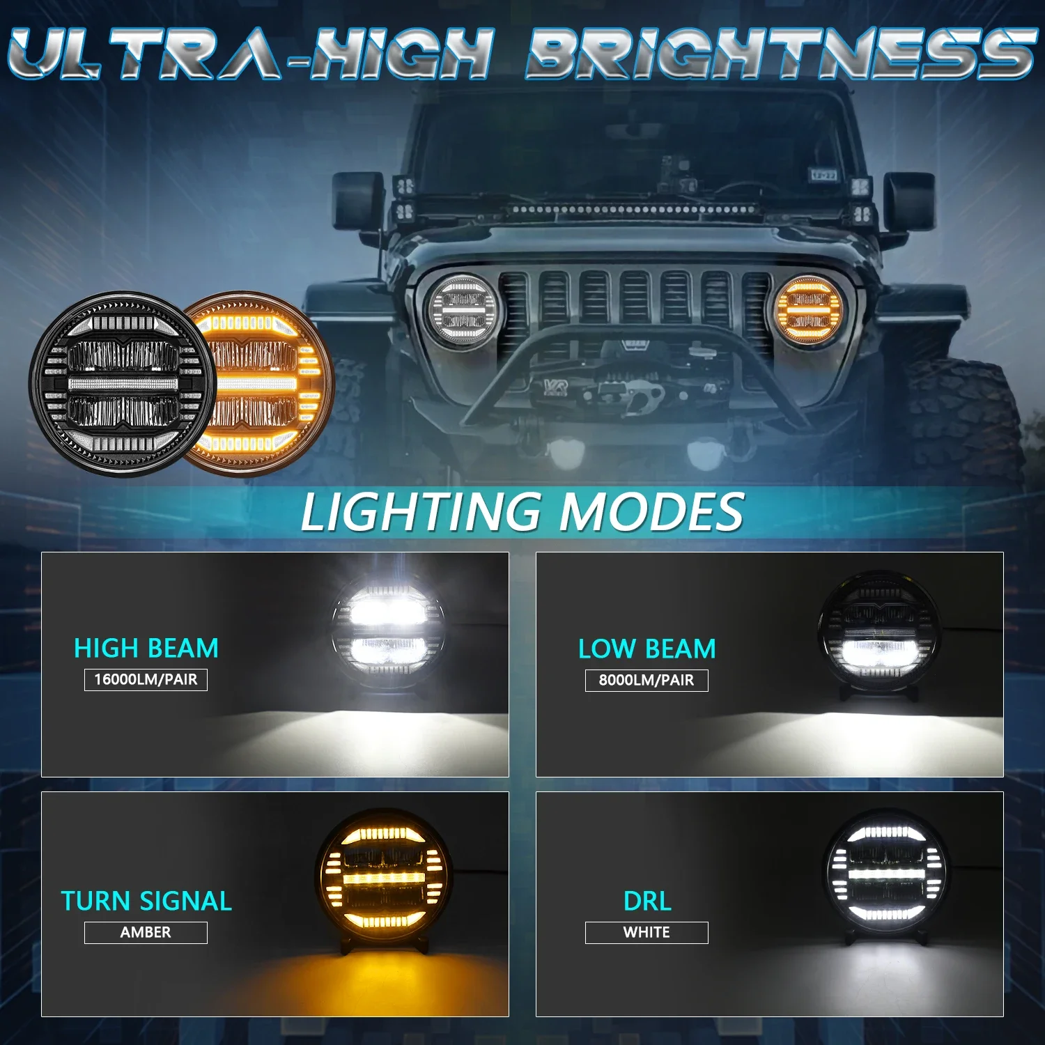 Jeep Work Light Headlight 12V 24V Vehicle Auxiliary DRL Turn Signal Headlamp Dri