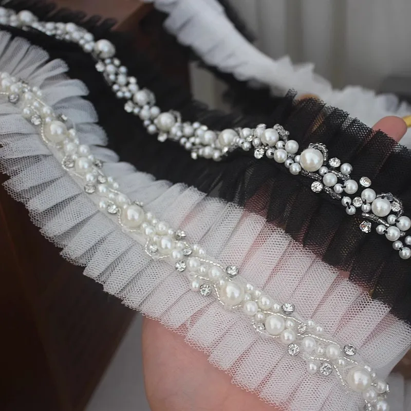 

1 ярд, новая сетчатая плиссированная жемчужная кружевная одежда ручной работы из бисера, плиссированная Бриллиантовая кружевная одежда, аксессуары «сделай сам», оптовая продажа