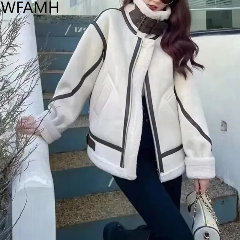 

Новая зимняя замшевая женская теплая шерстяная куртка WFAMH из искусственной овечьей кожи на молнии, мотоциклетная Короткая Повседневная куртка с длинным рукавом