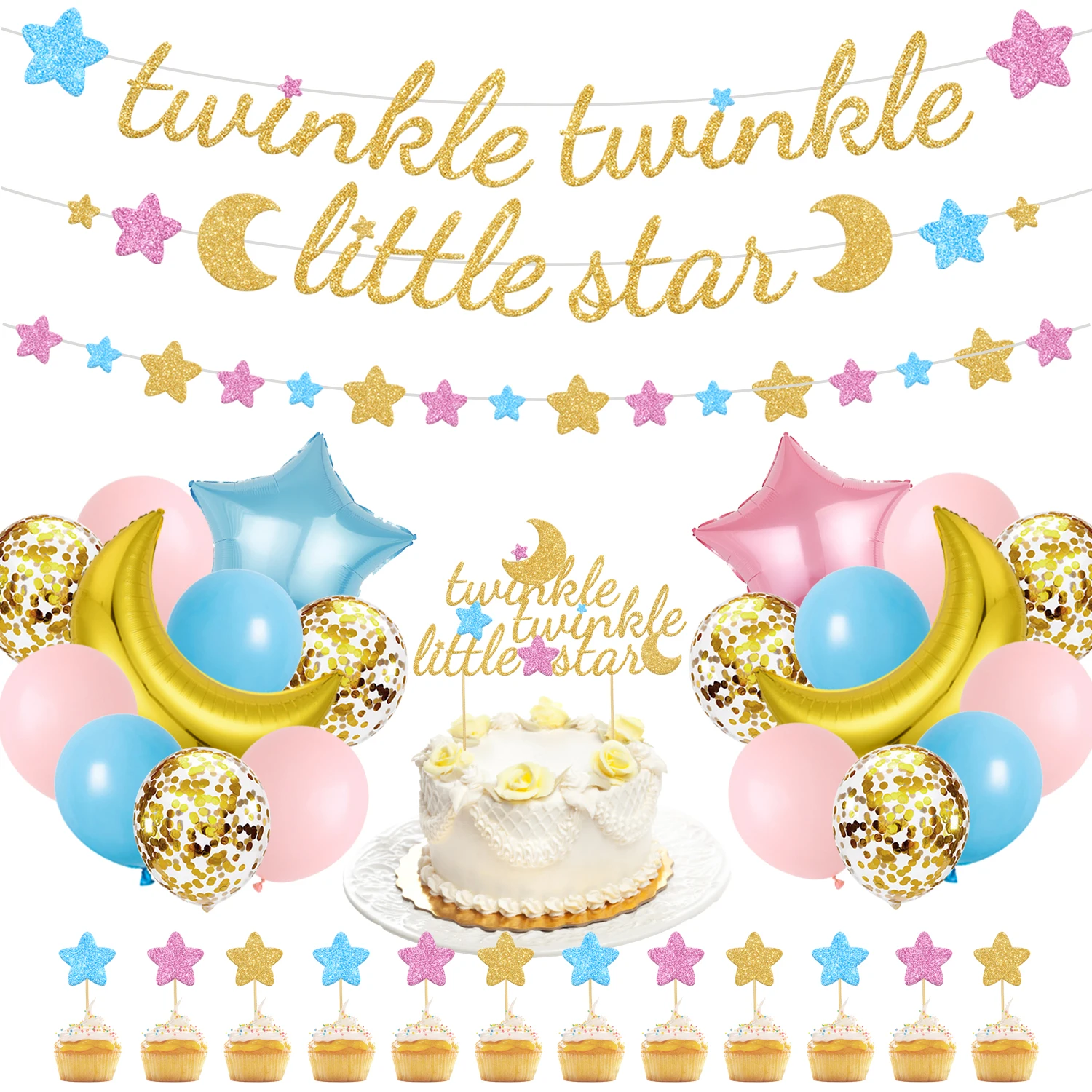 

Sursurprise Pink Blue Twinkle Twinkle Little Star Baby Shower Decorations Star Balloons Banner Cake Topper Birthday Party Decor