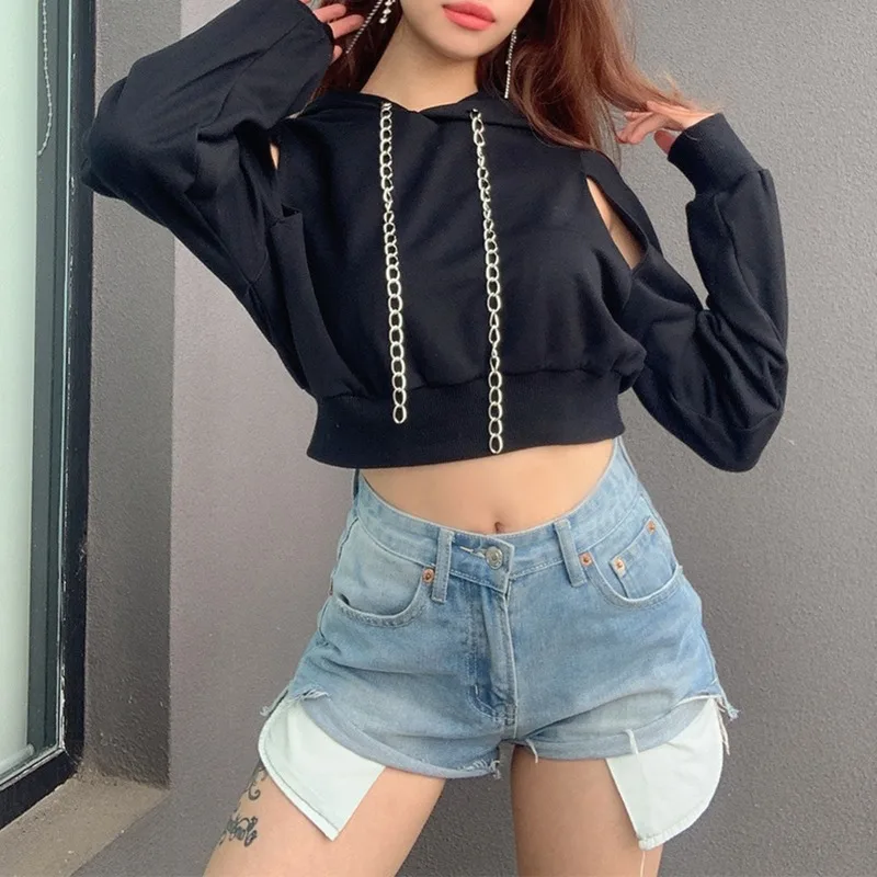 2021 Sexy Hoodie Fashion Women Autumn Spring Long Sleeve Cut Out Chain Hoodie Short Sweatshirt Hollow Crop Top Women's Clothing