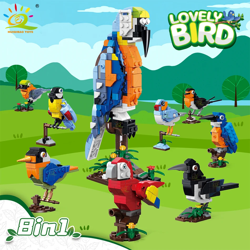 

HUIQIBAO 8IN1 MOC Pretty Bird Parrot Model Building Blocks City DIY Gift Animal Creative Magpie Bricks Toys for Children Gift
