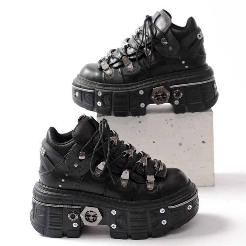 Fashion Women Punk Platform Shoes for Woman's Lace-Up Round Toe Metal Decoration Thin Heels Sneakers Gothic Party Nightclub Shoe 4