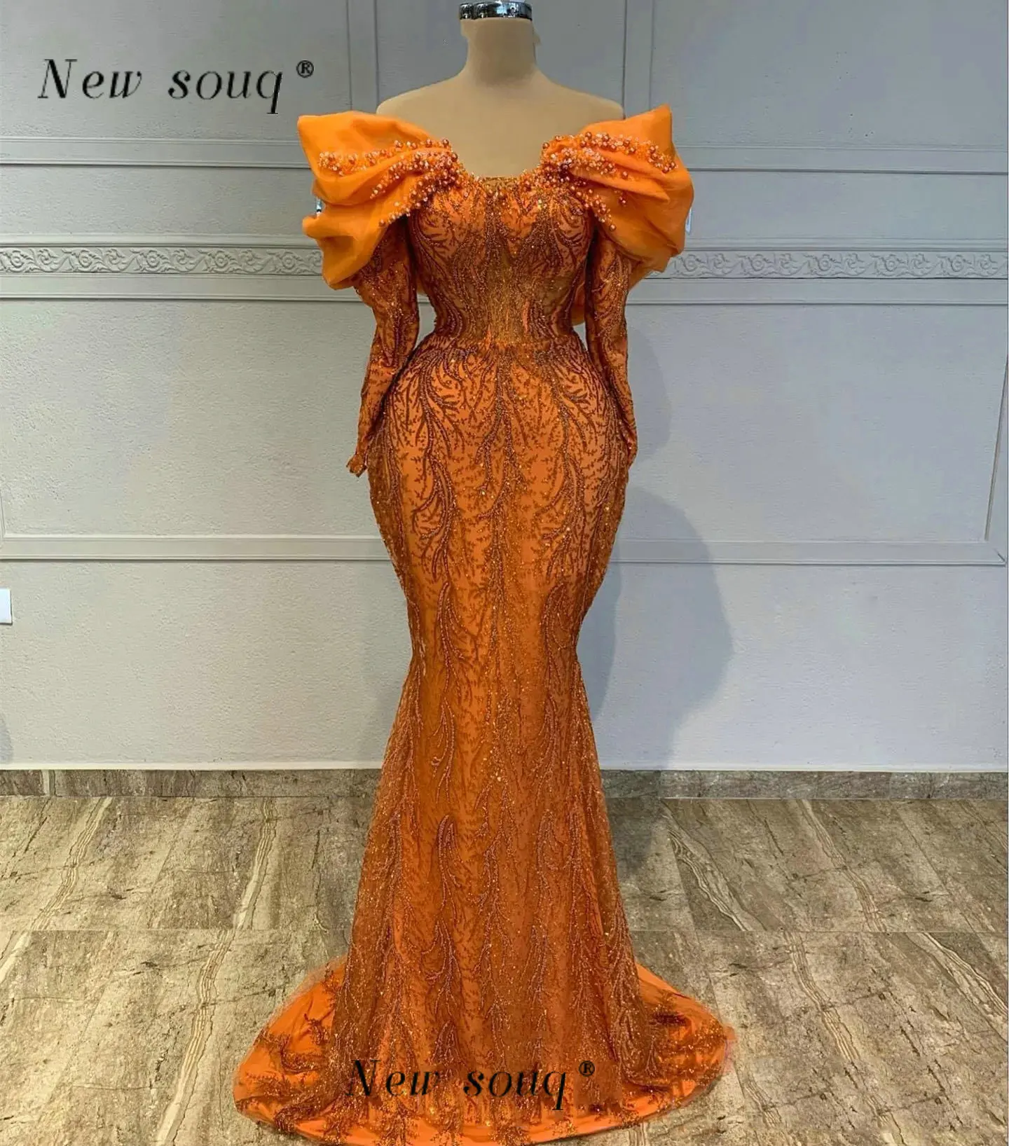 Modern Burnt Orange Long Sleeves Mermaid Prom Dress With Beads,DS4656