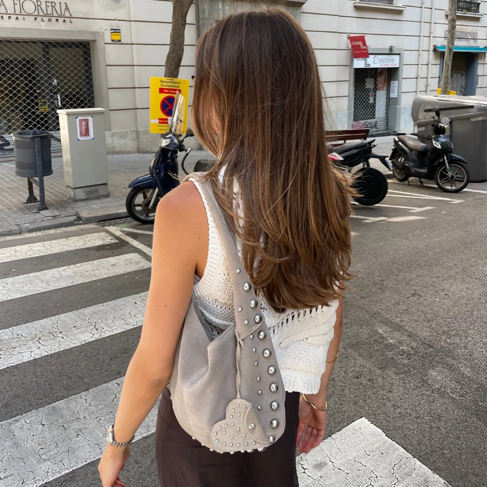 Half Moon Faux Suede Underarm Bags For Women Luxury Designer Handbags And Purses 2024 New In Vintage Rivet Rhinestones Shoulder