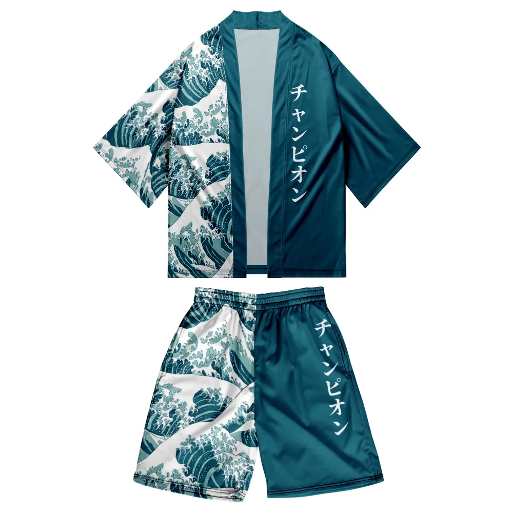 Two-piece Suit Kanagawa Wave Print Haori Yukata Trendy Popular Kimono and Shorts Sets Summer Japanese Cardigan Girls Boys Shirt