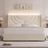 Full Upholstered LED Bed Frame with 2 Storage Drawers, Velvet Platform Bed with Wingback Headboard, Solid Wooden Slats Support 3