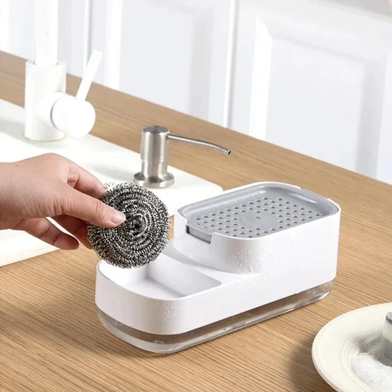 3 In 1 Kitchen Soap Dispenser Liquid Soap Pump Container with Sponge Holder Bathroom Countertop Sink Drain Tray