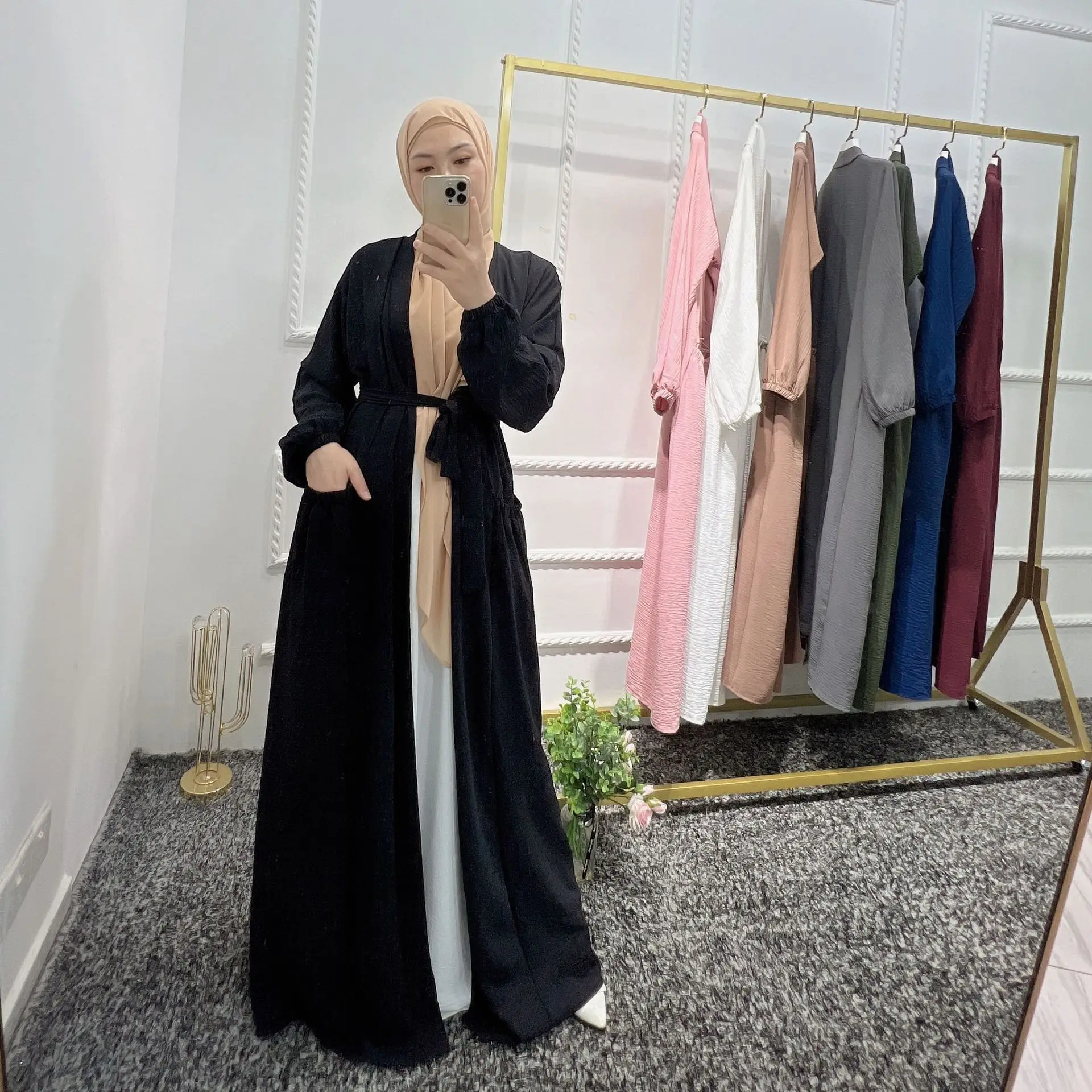 Crepe Abayas for Women Solid Color Muslim Kimono Islamic Clothing Dubai Hijabi Modest Robe Ramadan Eid( No Inner, No Scarf )