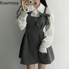 

Koamissa Matching Set 2022 Black Gray Slim Waist Slip Mini Dress+Puff Sleeve White Shirt Suits Spring Women Outfits Dropshipping