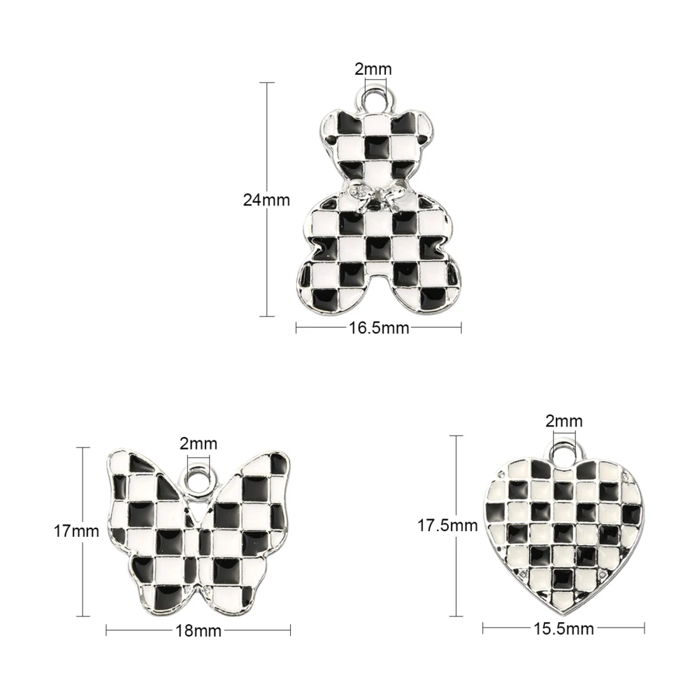 30Pcs 3 Styles Black and White Square Plaided Charm Enamel Heart Bear Butterfly Small Pendants for Jewelry Making DIY Findings