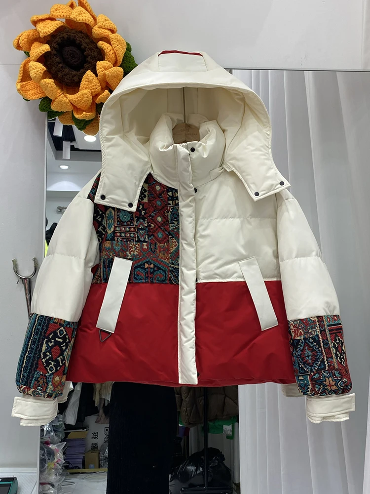 Winter Embroidery Hooded Patchwork Down Jacket Women White Duck Down Warm Jackets Female Thick Quilted Short Parka Outwears Coat