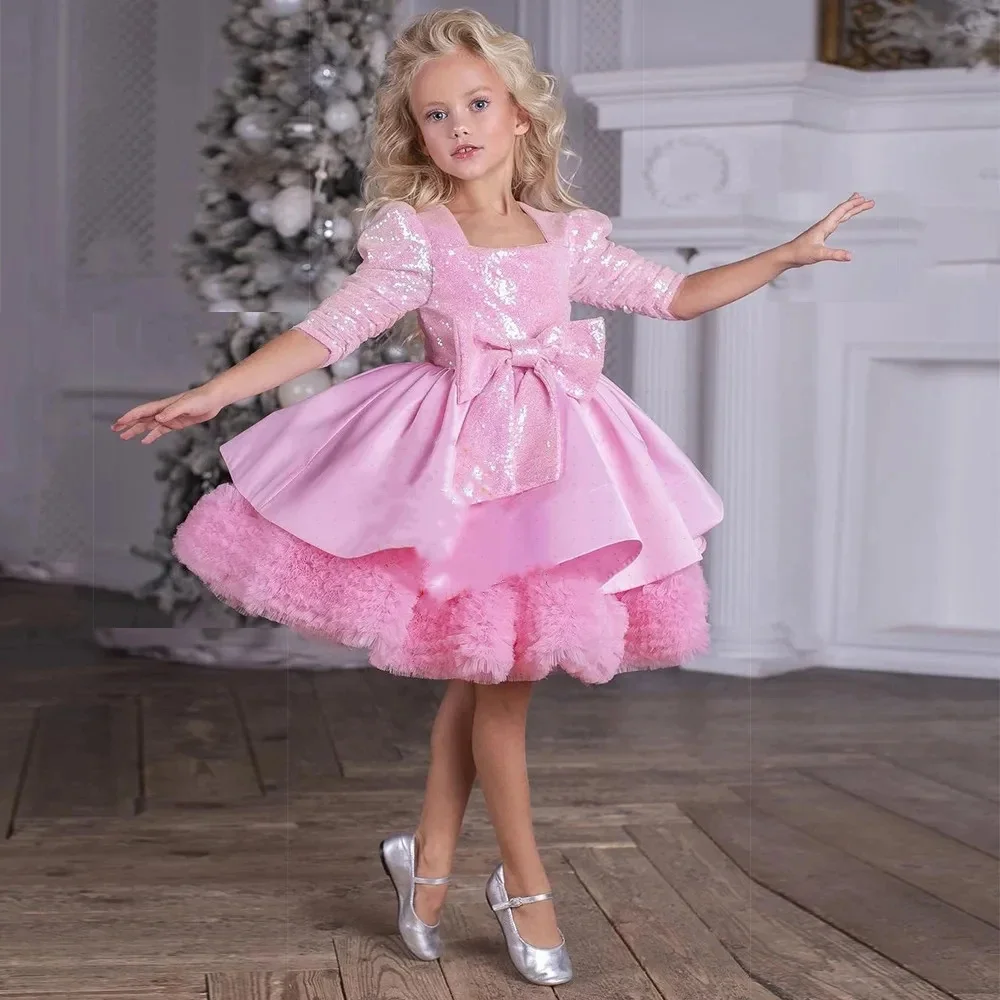 

Pink Sequin Tulle Puffy Sparkle Half Sleeve With Bow Flower Girl Dress For Wedding Kids Birthday Party Dress Baby Christmas Gown