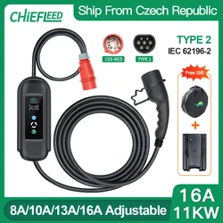 Chiefleed 11KW 3P Type2 EV Charger With CEE Red Plug 5m Long 8/10/13/16A Current Adjustable Delay Charge 380V~450V Voltage