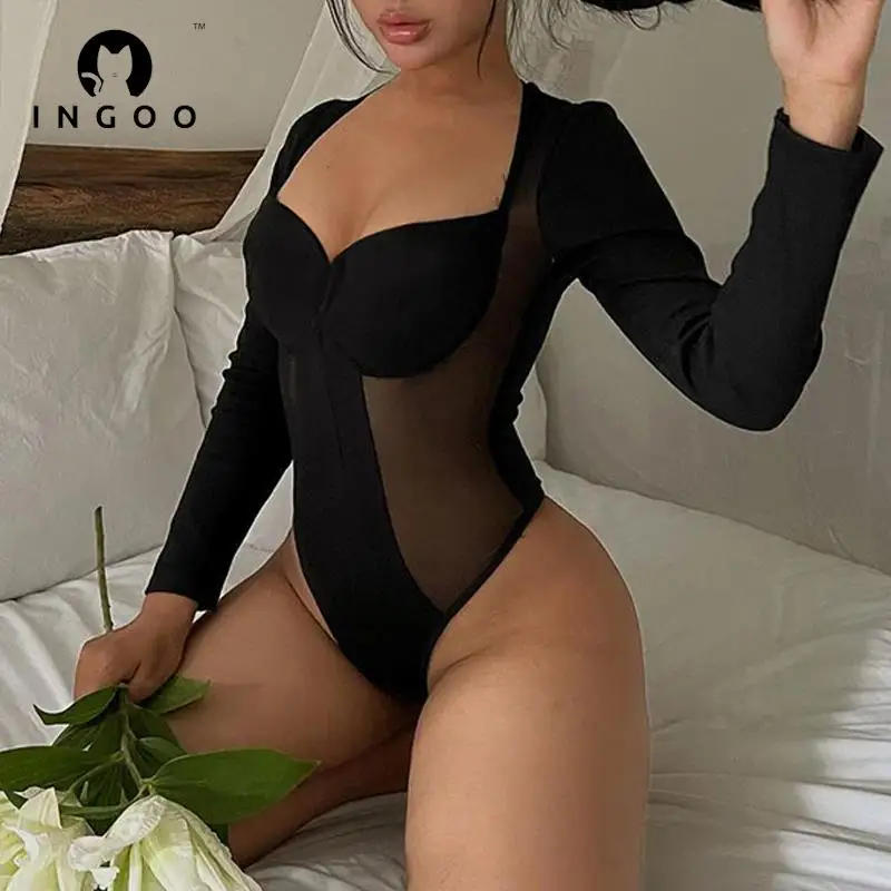 INGOO Mesh Patchwork Sexy Sheer Black Bodysuit Long Sleeve Ladies Bodysuit Overall Romper Party Night Club Womens Body Suits Top hlj elegant lady deep v mesh splicing wide leg pants jumpsuits women long sleeve solid playsuit fashion female one piece overall