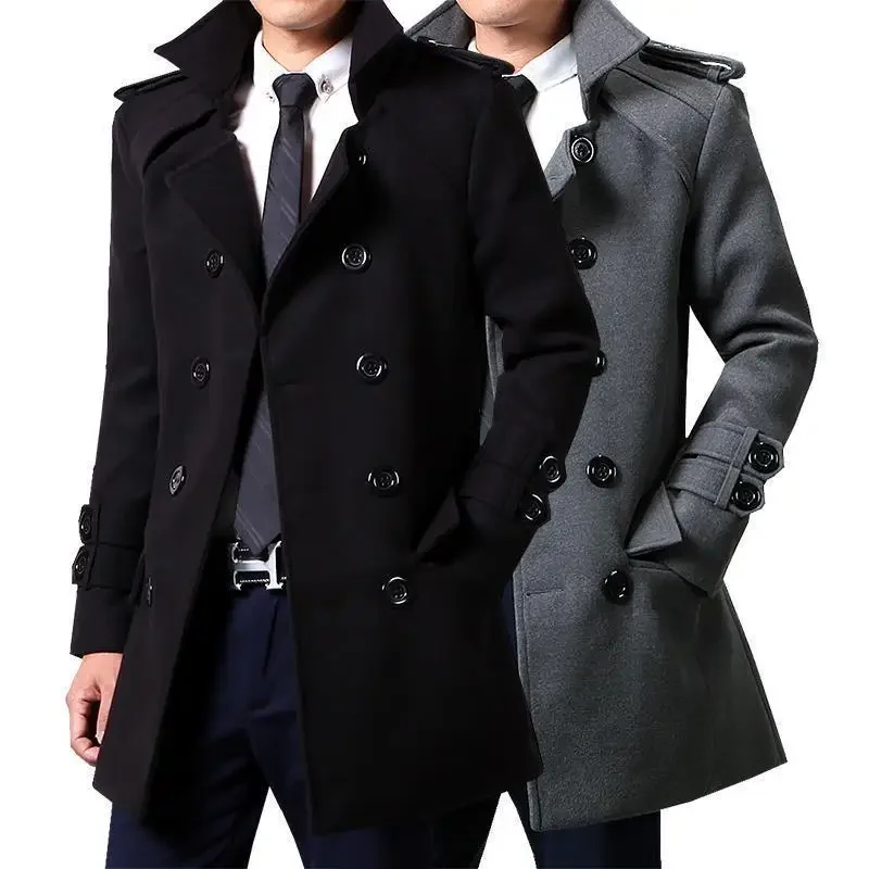 Winter Woolen Double-breasted Trench Coat For Men Medium-length Slimming Overcoat British Style 2