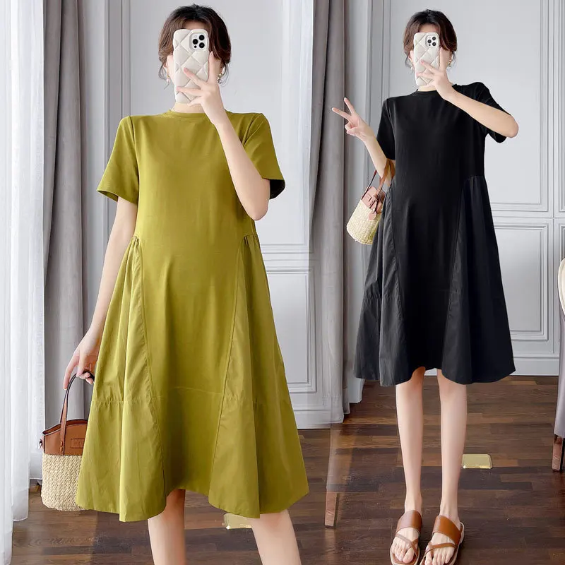 

3 Colors Pregnancy Dresses Summer Clothes For Pregnant Women 2023 New Elegant Solid O Neck Loose Show Thin Maternity Dress