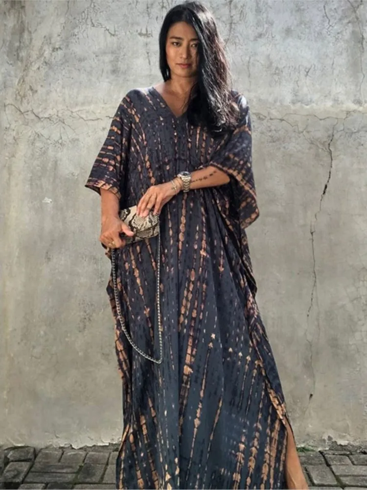 Fashion Casual Striped Print Long Dresses Women Bohemian V-neck Bat Sleeve Loose Slit Beach Dress Summer New Beachwear Vestidos