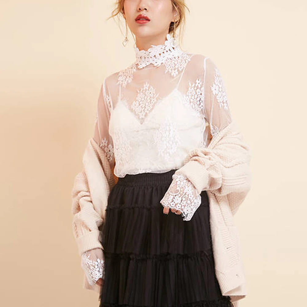 

New Trumpet Sleeve Mesh Gauze Hollow T-Shirt Autumn Winter Flower Lace Shirt Bottoming All-match S-2XL Elegant Breathable Top