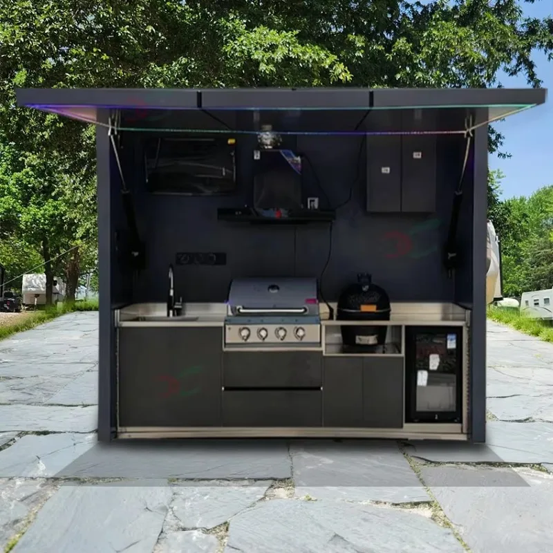 ครัวเคลื่อนที่ปรับแต่งได้พร้อมเตาบาร์บีคิว ตู้เย็น และพื้นที่จัดเก็บ สำหรับงานปาร์ตี้ท้ายรถและกิจกรรมกลางแจ้ง 1