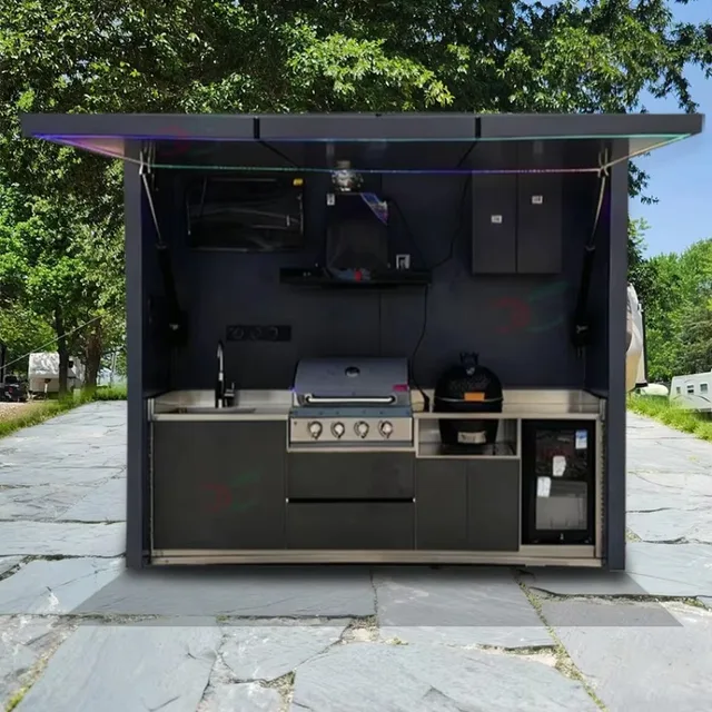 ครัวเคลื่อนที่ปรับแต่งได้พร้อมเตาบาร์บีคิว ตู้เย็น และพื้นที่จัดเก็บ สำหรับงานปาร์ตี้ท้ายรถและกิจกรรมกลางแจ้ง 1