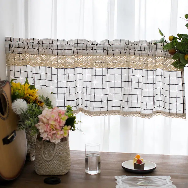 

Valance Short Window Curtain Plaid Rod Pocket with Lace Vintage W140xL50cm Farmhouse Linen Kitchen Curtains Modern Style Casual