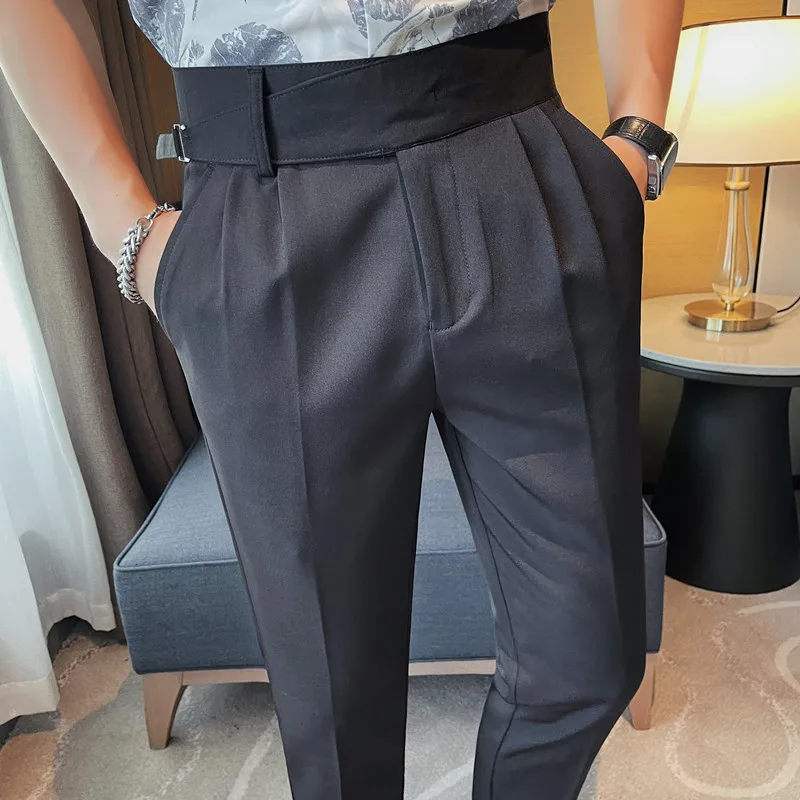 2023 Summer High Waisted Suit Pants Men Slim Fit Business Casual Dress Pants Ankle Length Office Social Trousers Men Clothing