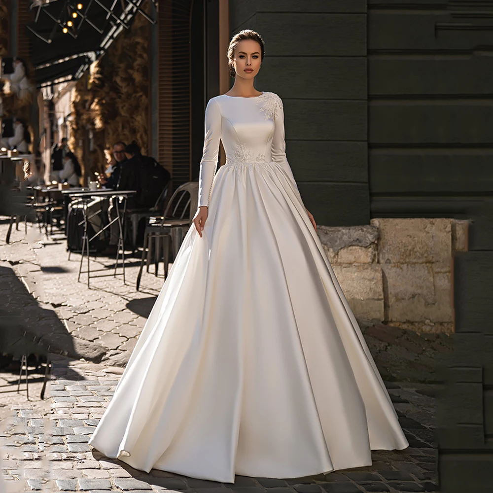 Muslim Wedding Dress Vestido De Noiva Customized Long Sleeves Sequin Applique Sweep Train Arabic Satin Bridal Gown for Bride 4