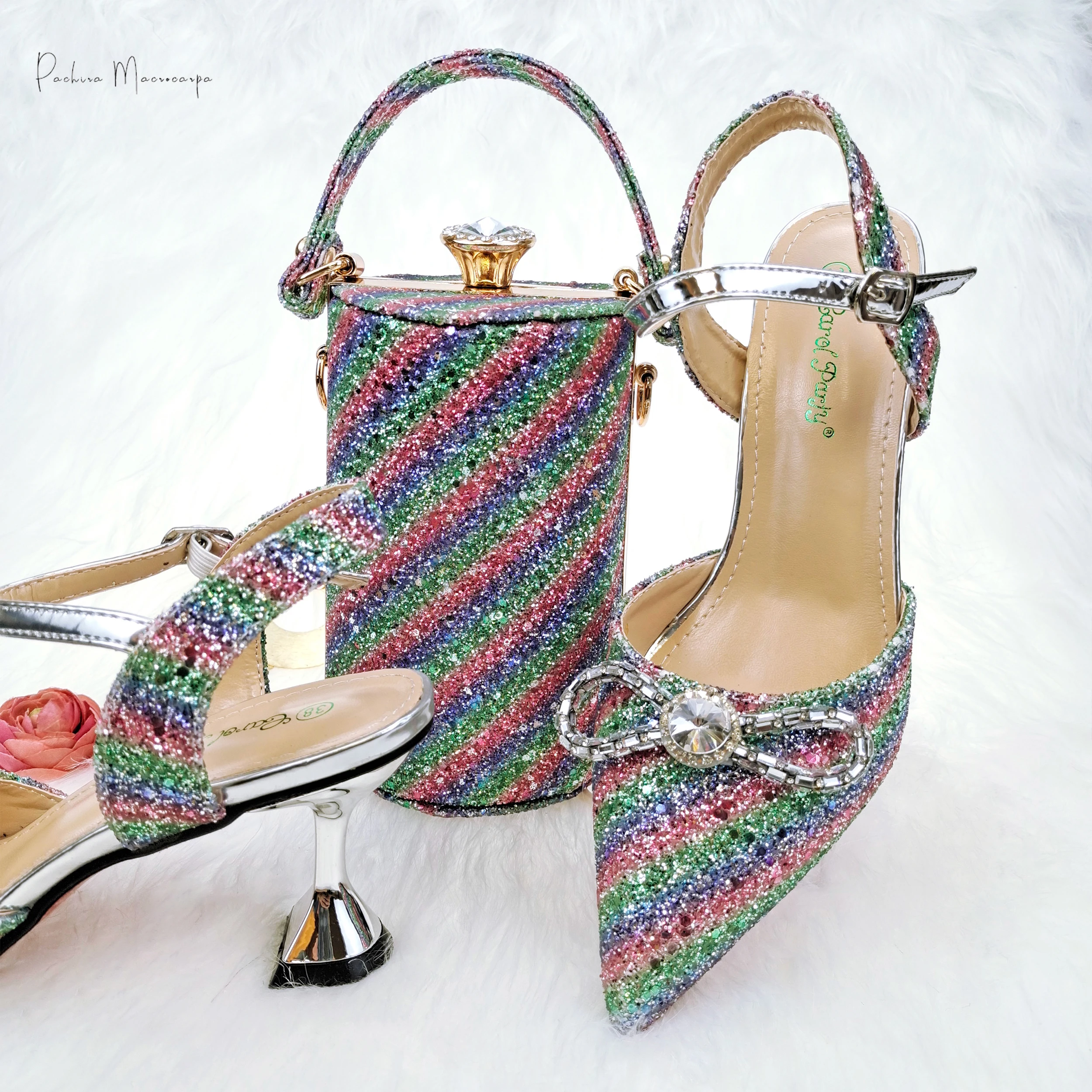 

PM 2023 Latest Colorful Flash and Diamond Butterfly Design Accessories Women's High Heels and Bag Set Rainbow Party Sandals