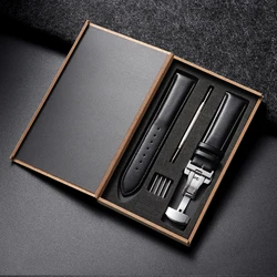 Premium Genuine Leather Watchband with Automatic Butterfly Buckle - Business Style Wrist Strap in Multiple Sizes - 22mm (Black - Silver Buckle)