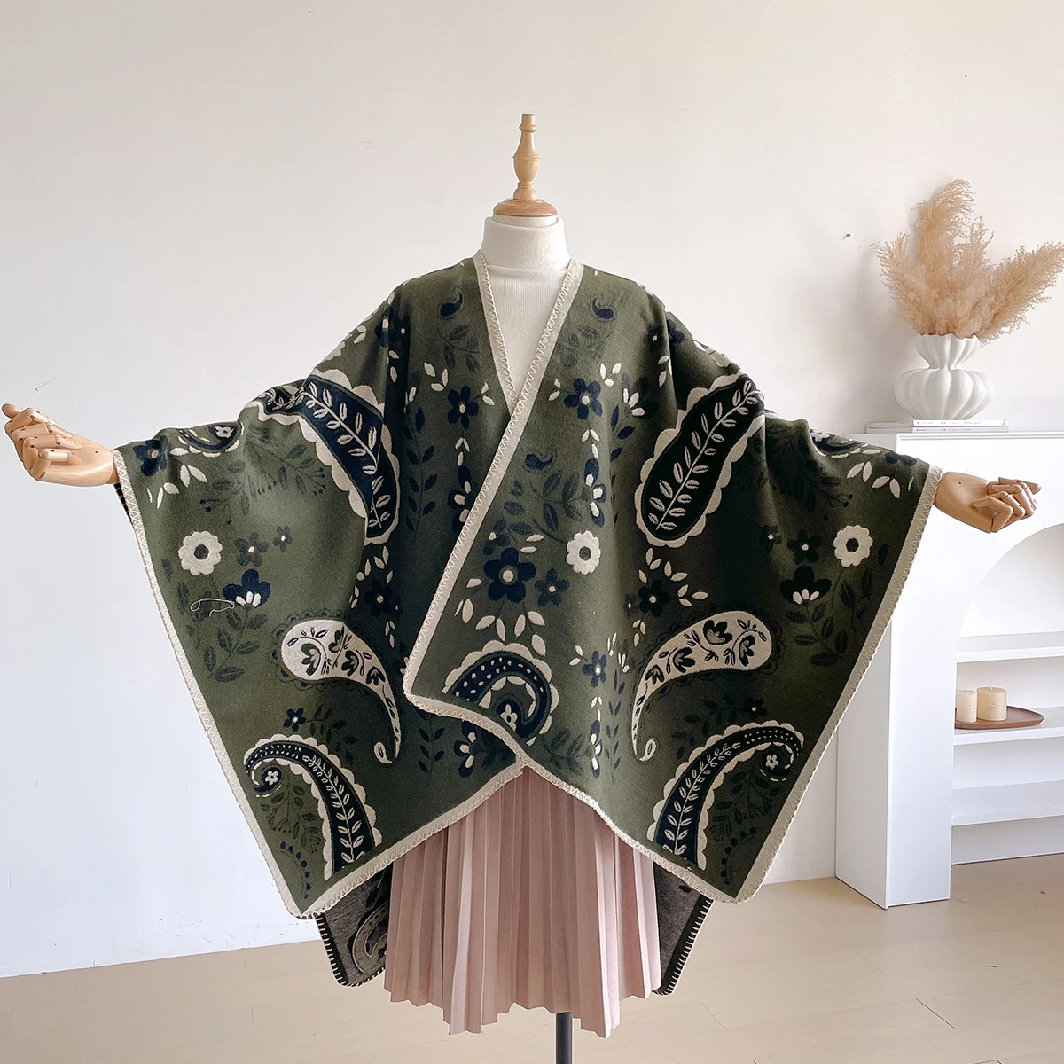 Brand Fashion Winter Warm Cashmere Scarf - Women's Floral Oil Painting Printed Pashmina Thick Shawl, Wrap & Echarpe