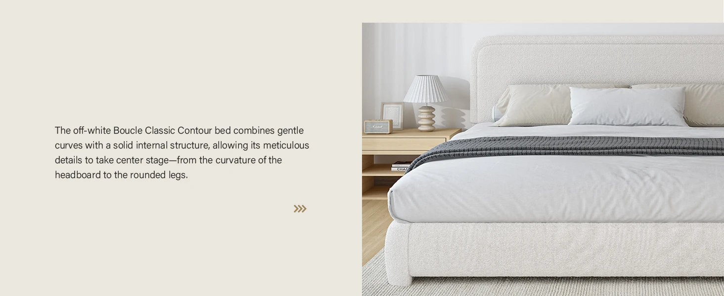 Description Picture 3 of itemQueen Size Boucle Frame Headboard,Upholstered Platform Bed with Wood Slats,Soft Rounded Corners,No Box Spring Required,