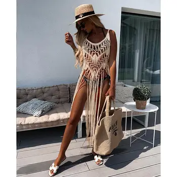 Beach Cover Ups for Swimwear Women Sexy Hand Hook Hollow Out Sunscreen Shirt with Long Tassel Beach Cover
