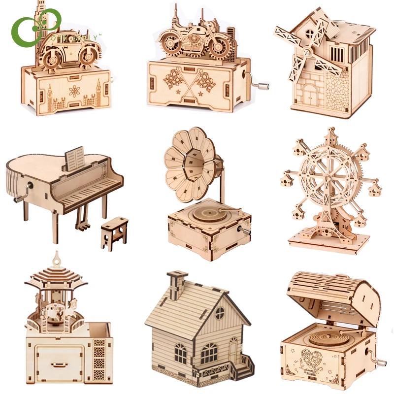 

1Set Creative DIY Hand Cranked Wood Phonograph Ferris Wheel Piano Music Box Wooden Puzzle Handmade Assembled