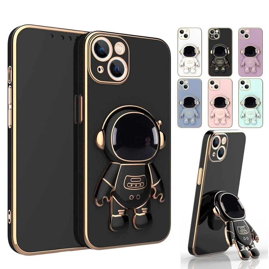 3D Astronaute Pliant Stand Titulaire Téléphone étui pour iphone 14 13 12 11 Pro Max XR XS 7 8 Plus SE 2022 Placage Antichoc Housse_voghion.com