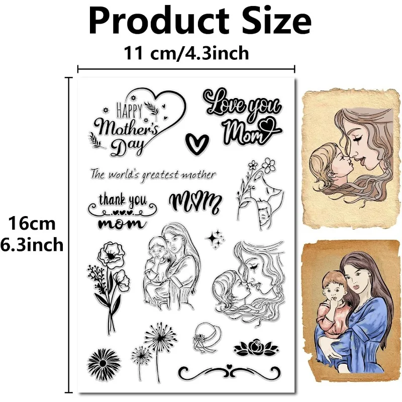 1Sheet Mother's Day Clear Stamps Love You Mom Words Flower Reusable Retro Transparent Silicone Stamp Seals Journaling Card