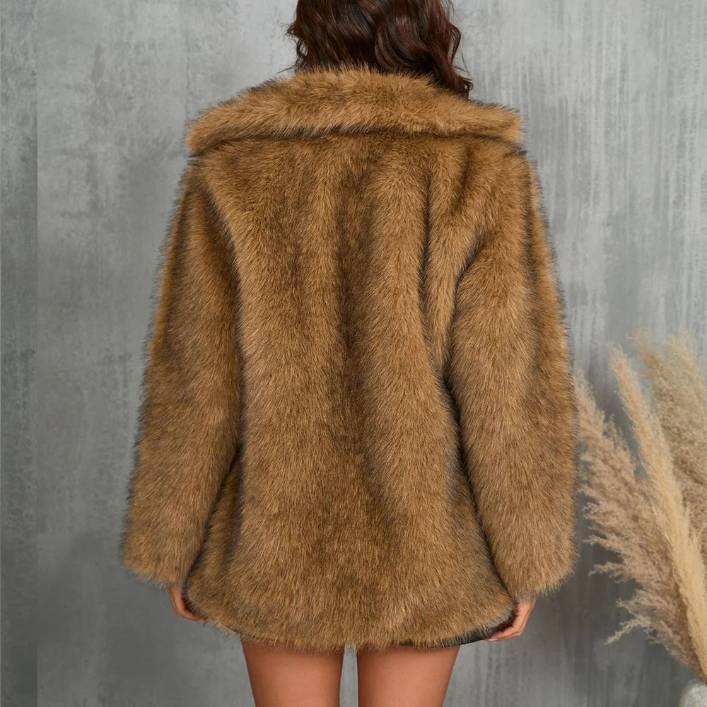 Faux Fur Collar Overcoat for Women, Long Sleeve, Loose Casual