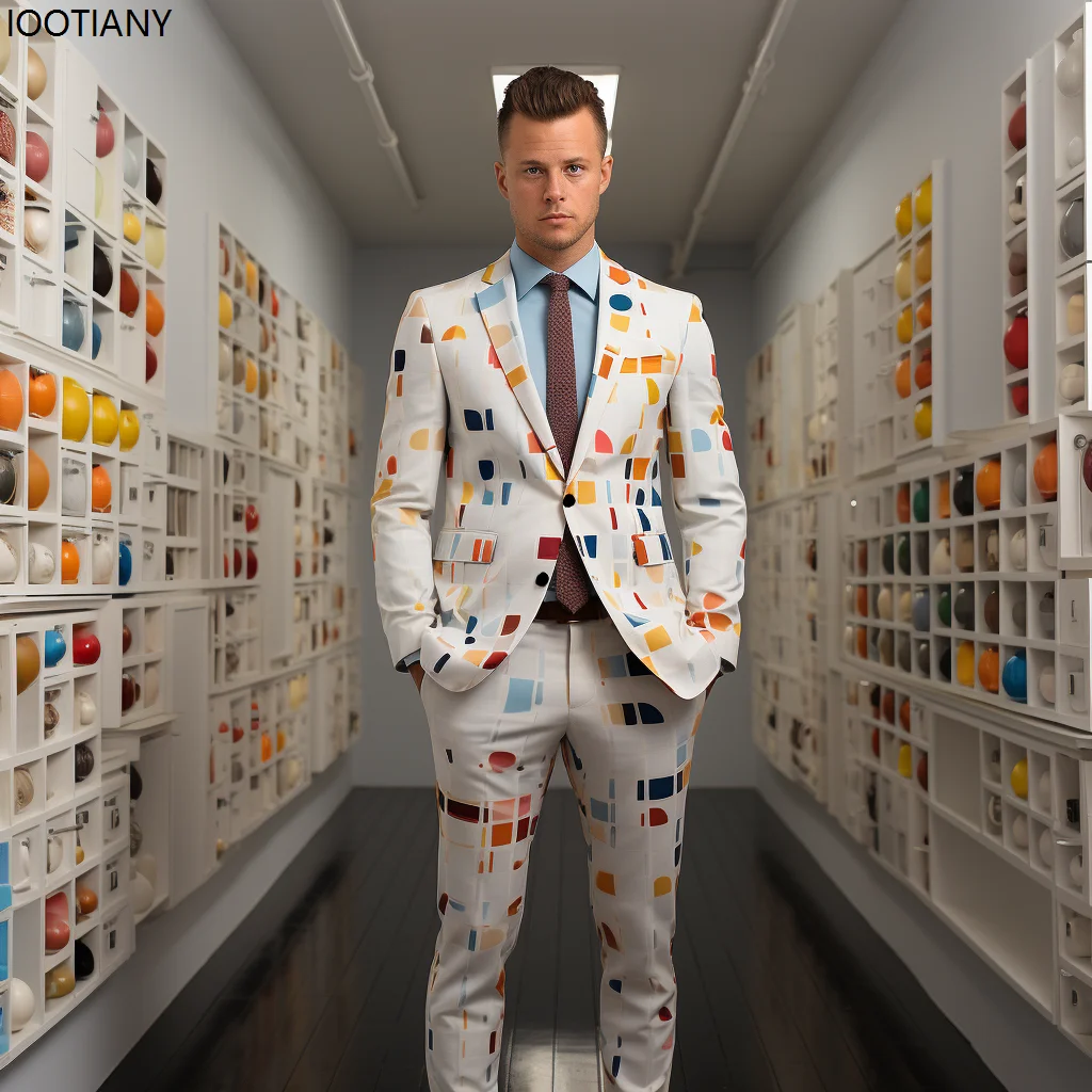Men Creative Irregular Pattern Suits Business Casual Printing Two-button Jacket & Pant Holiday Party Cool Performance Suit New